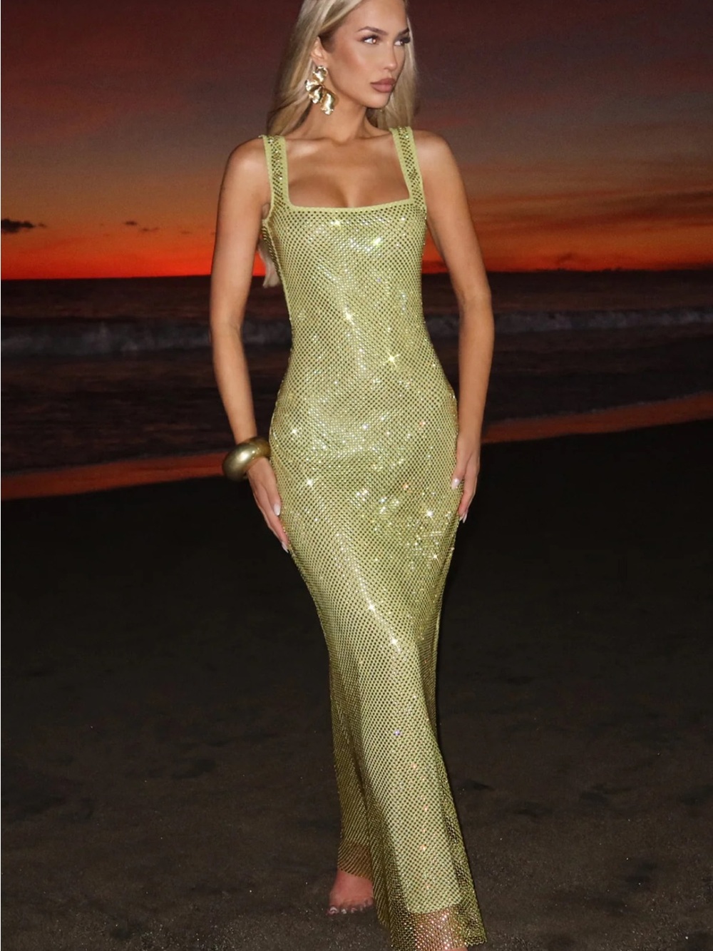 NWOT BabyBoo PETRA Olive Swarovski Crystal Mesh Square-Neck Maxi Dress Sz XS - Picture 4 of 6